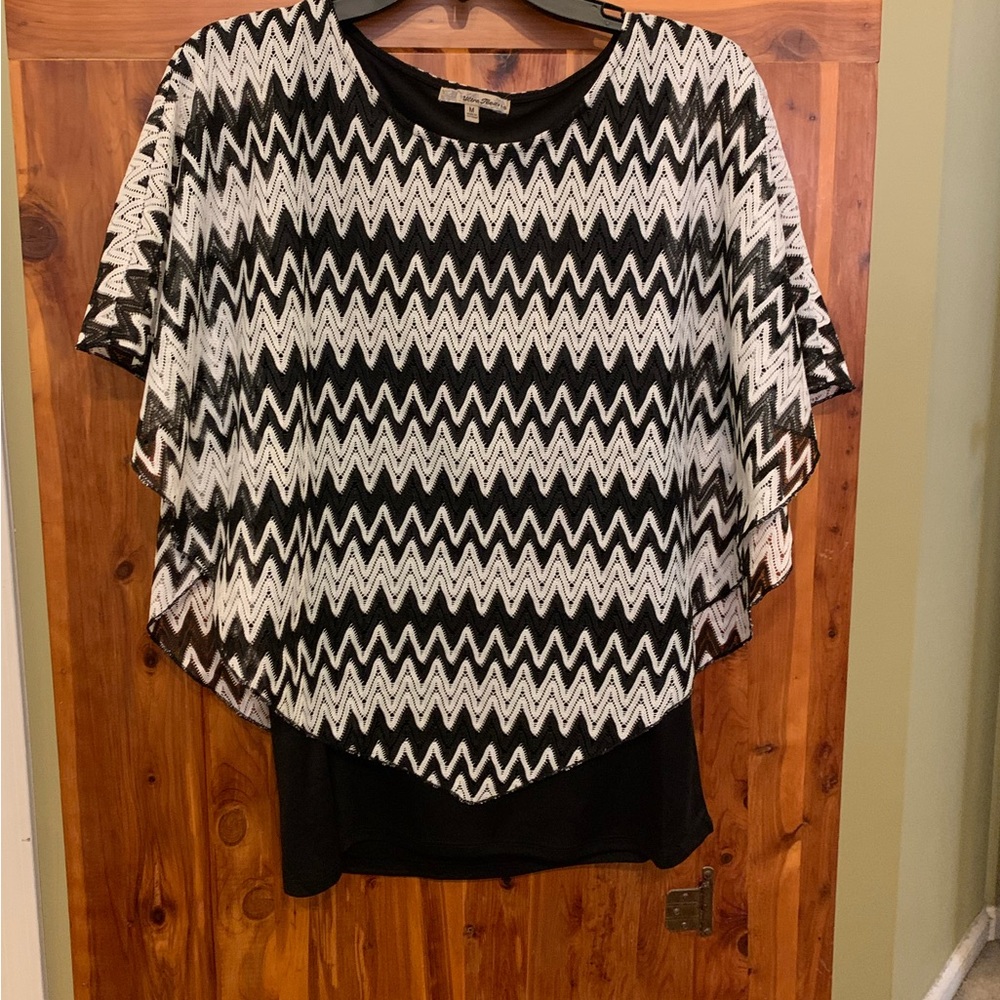 Ultra Teeze Black Top with Attached Lace Poncho Overlay with Chevron Design